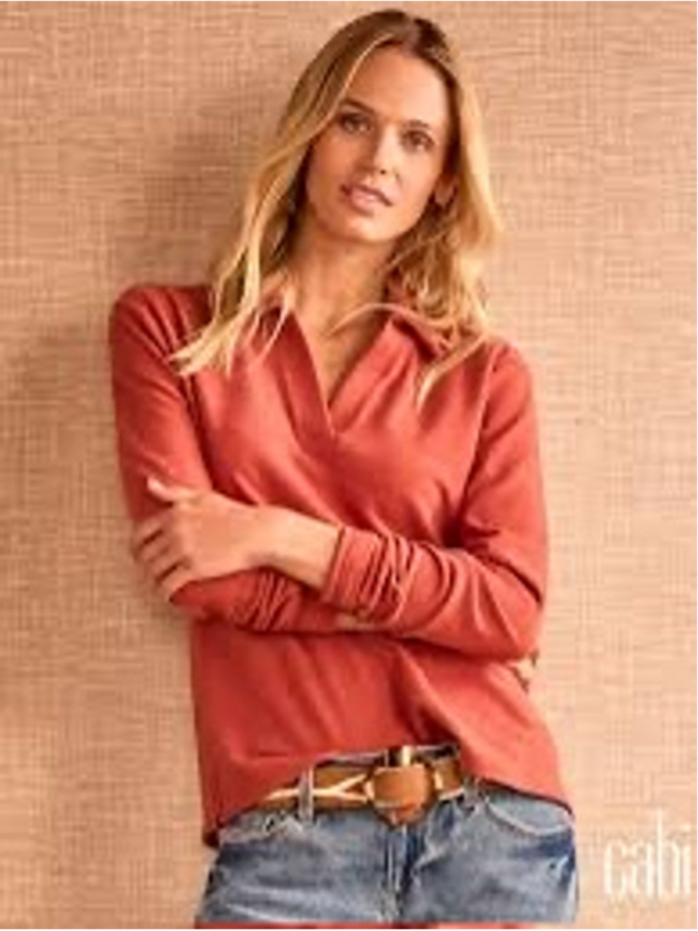 Cabi Bailey Top Brick Rust Long Sleeve Polo Super Soft Shirt Size M